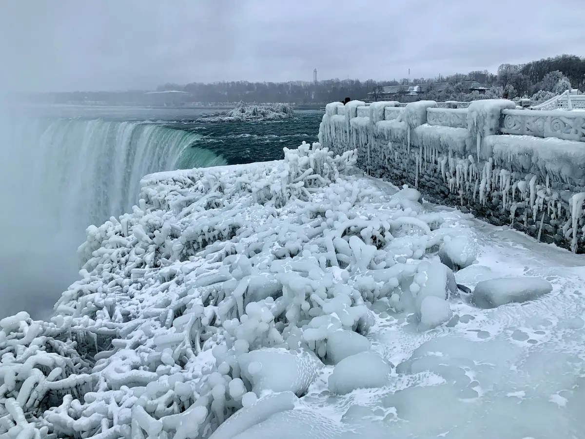 Ice and snow beside the Niagara Falls in winter