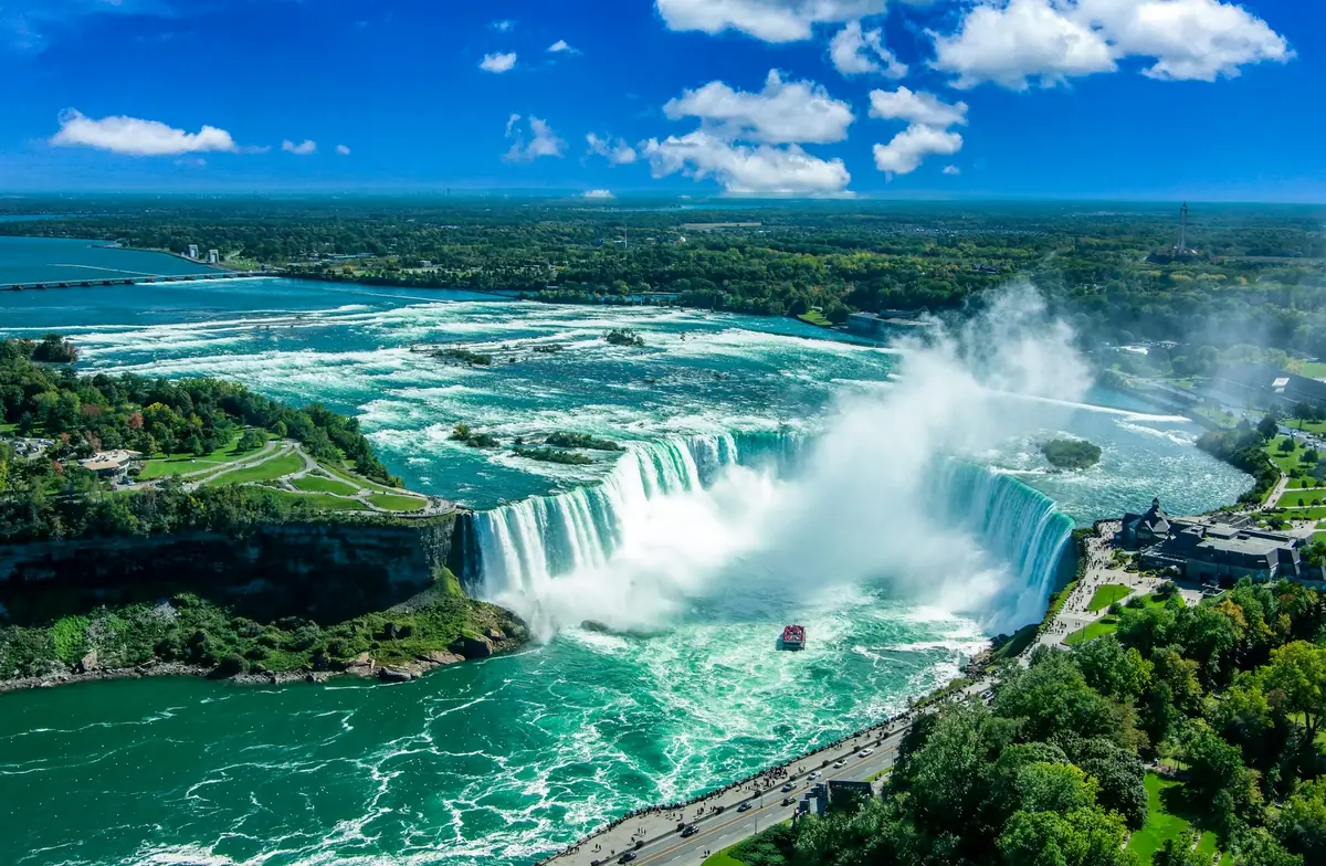 Aerial view of the Horseshoe Falls and the green Niagara River